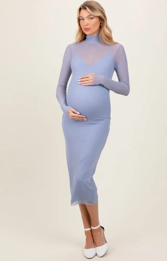 Light Blue Mesh Overlay Fitted Maternity Midi Dress