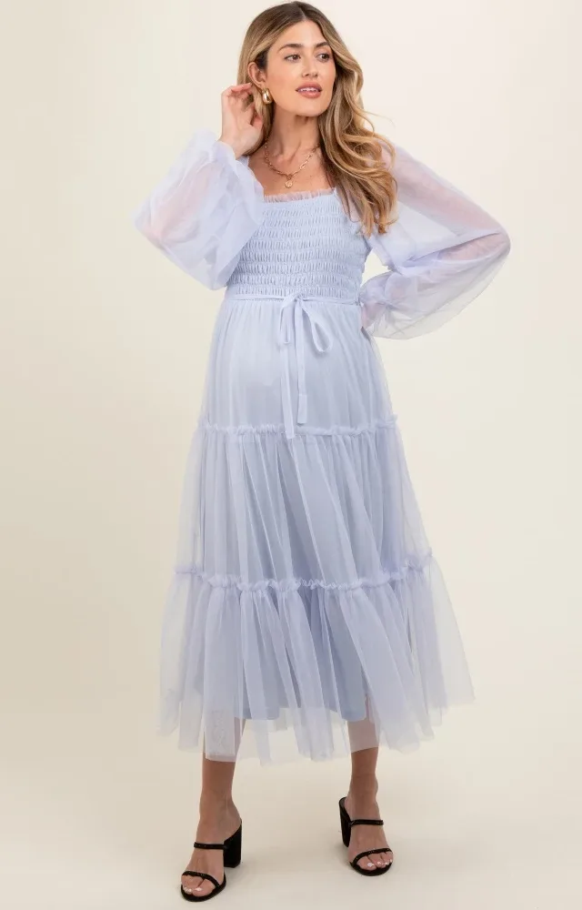 Light Blue Mesh Tiered Long Sleeve Maternity Maxi Dress