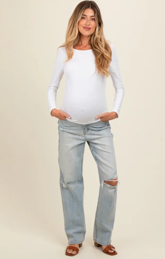 Light Blue Open Knee Relaxed Straight Leg Maternity Jeans