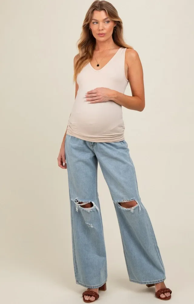 Light Blue Open Knee Relaxed Wide Leg Maternity Jeans