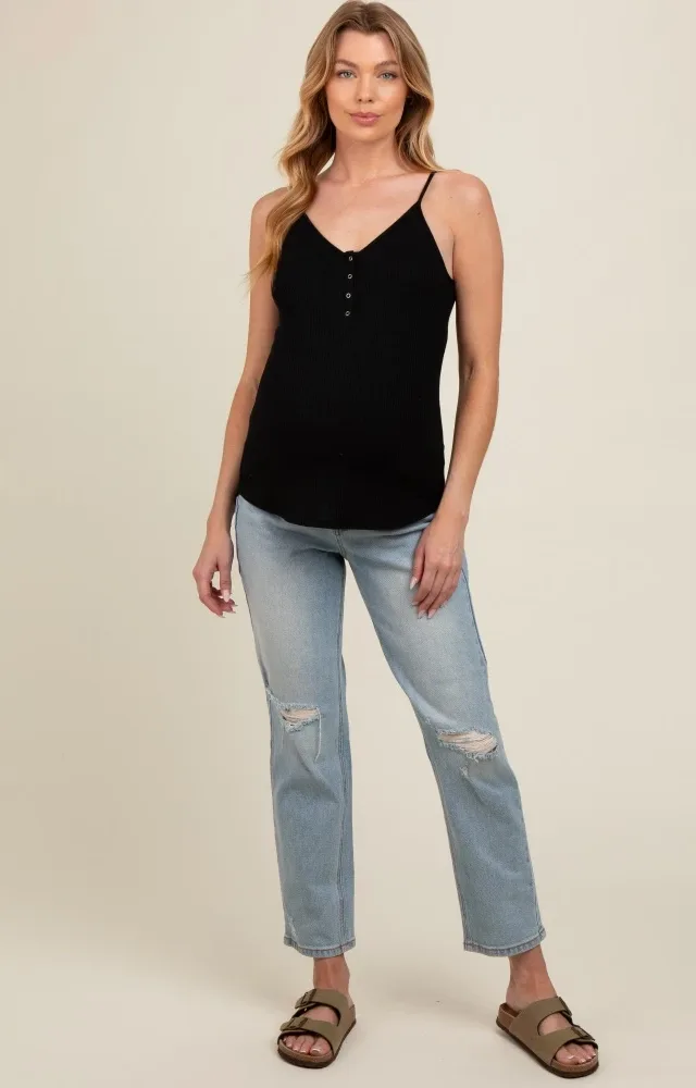 Light Blue Open Knee Straight Leg Maternity Jeans