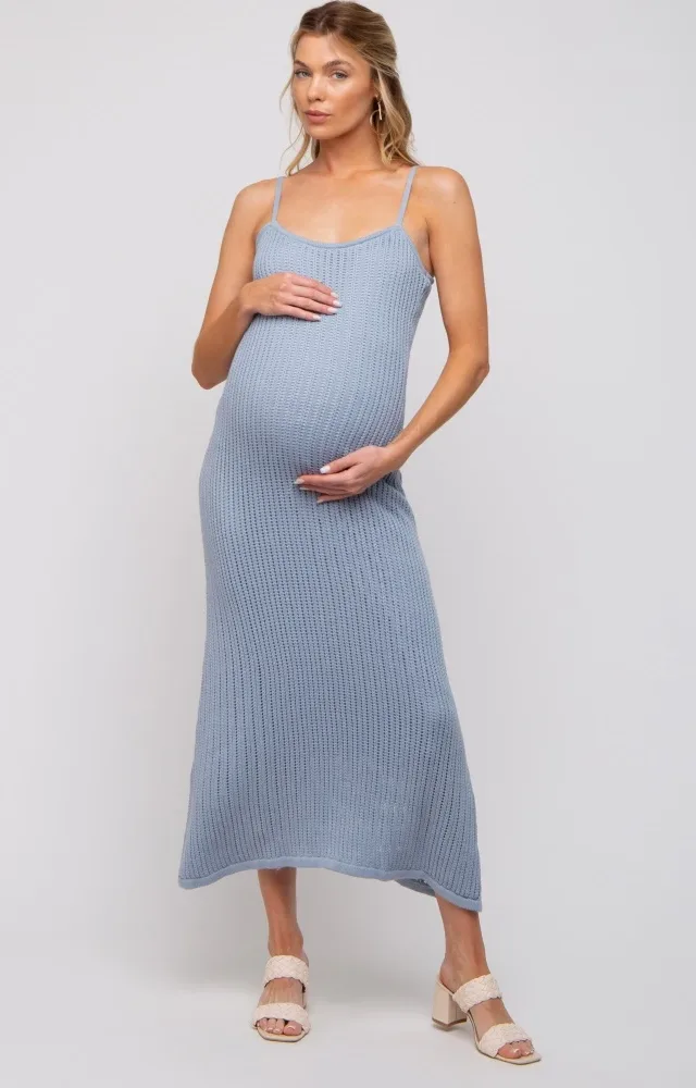 Light Blue Open Knit Crochet Maternity Midi Dress