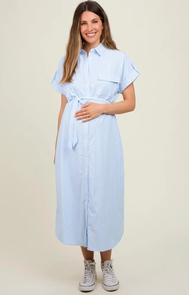 Light Blue Pin Stripe Sash Tie Maternity Midi Dress