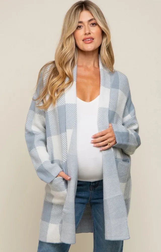 Light Blue Plaid Shawl Maternity Cardigan