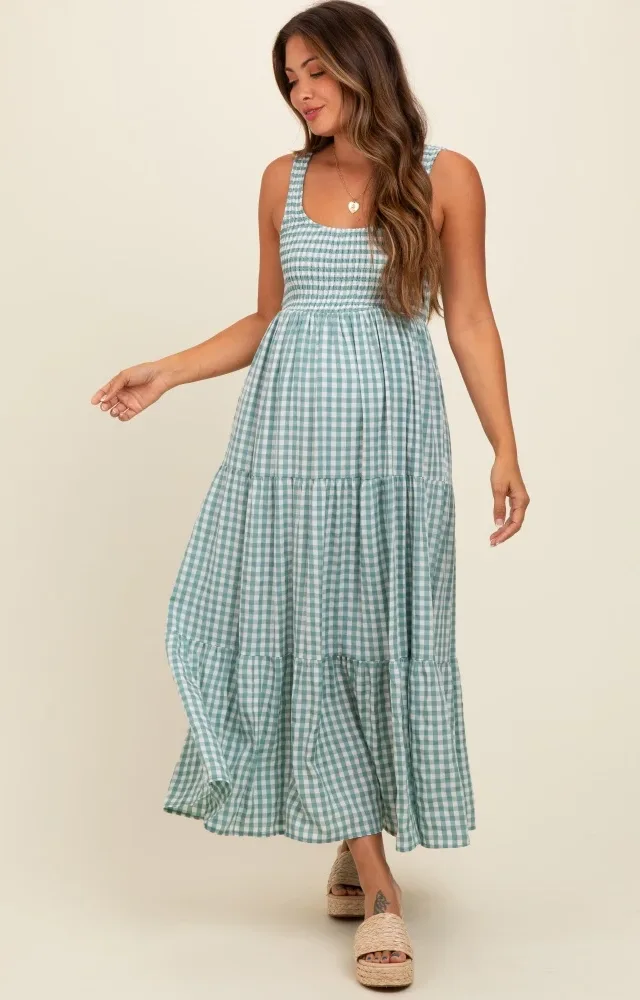 Light Blue Plaid Tiered Maternity Maxi Dress