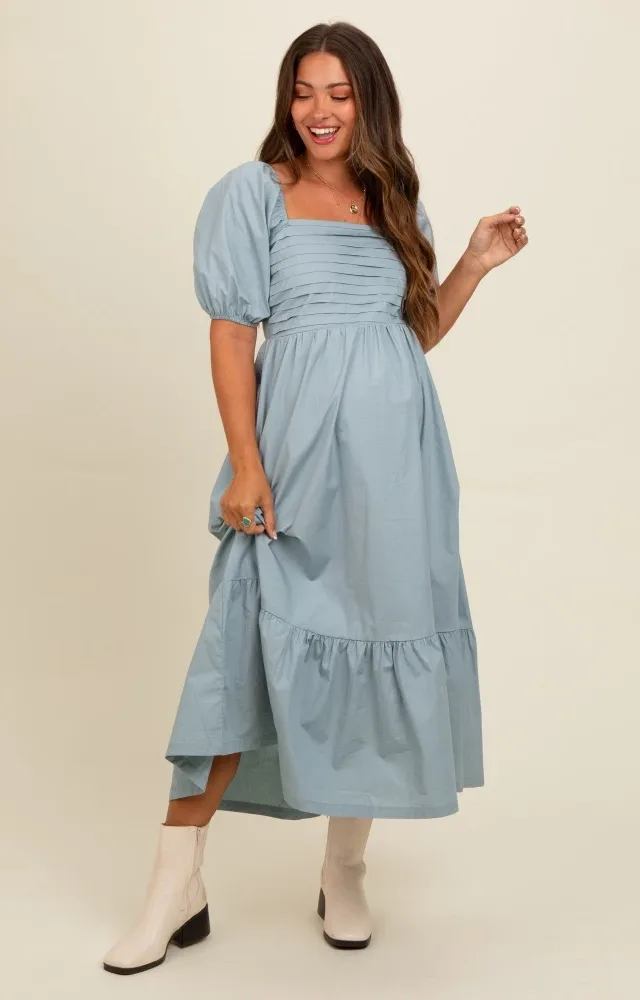 Light Blue Pleated Bodice Puff Sleeve Maternity Midi Dress