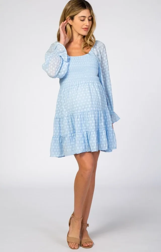 Light Blue Polka Dot Long Sleeve Maternity Dress