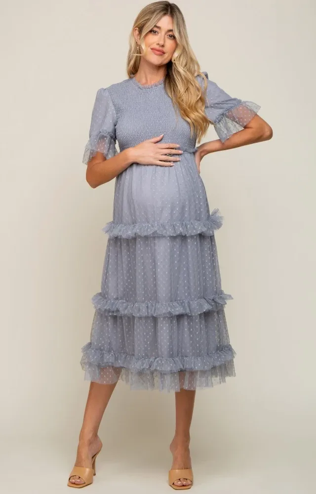 Light Blue Polka Dot Tulle Smocked Maternity Midi Dress