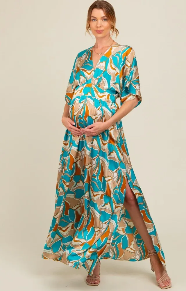 Light Blue Printed Deep V-Neck Maternity Maxi Dress