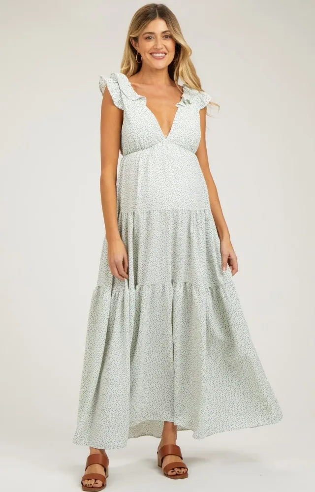 Light Blue Printed Tiered Cutout Back Maternity Maxi Dress