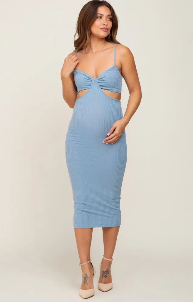 Light Blue Ribbed Side Cut Out Maternity Midi Dress