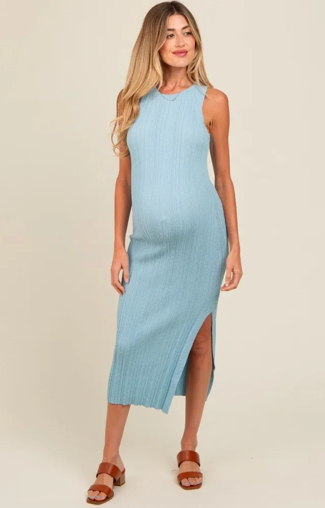 Light Blue Ribbed Side Slit Sleeveless Maternity Midi Dress