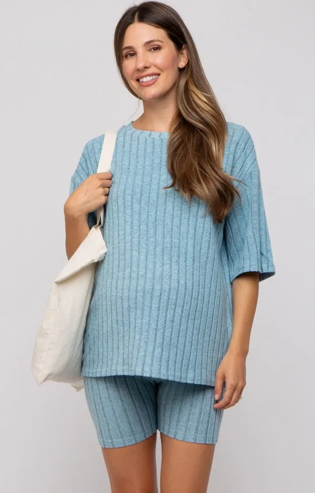 Light Blue Ribbed Soft Short Sleeve Maternity Shorts Set