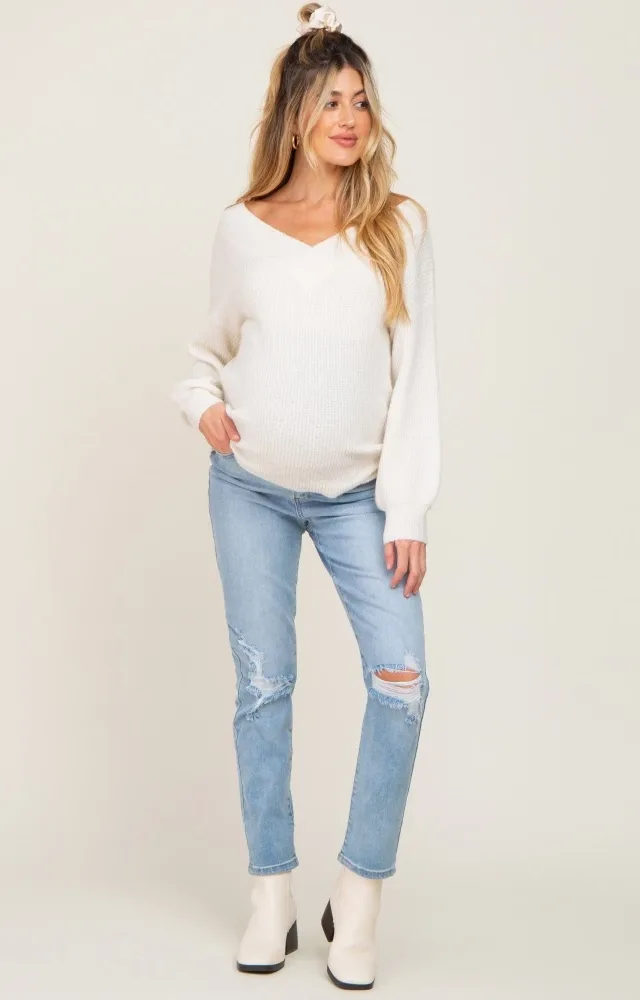 Light Blue Ripped Knee Maternity Skinny Jeans