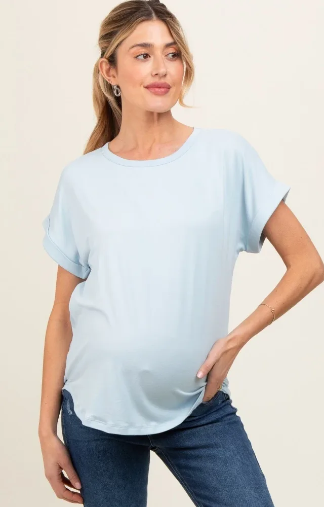 Light Blue Rolled Cuff Maternity Short Sleeve Top