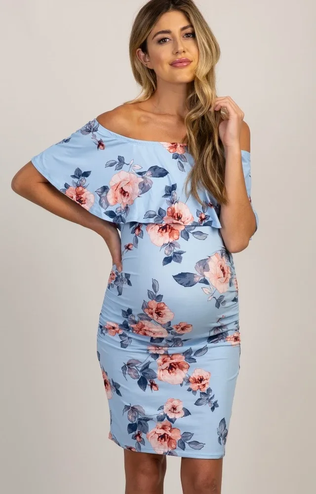 Light Blue Rose Ruffle Maternity Dress