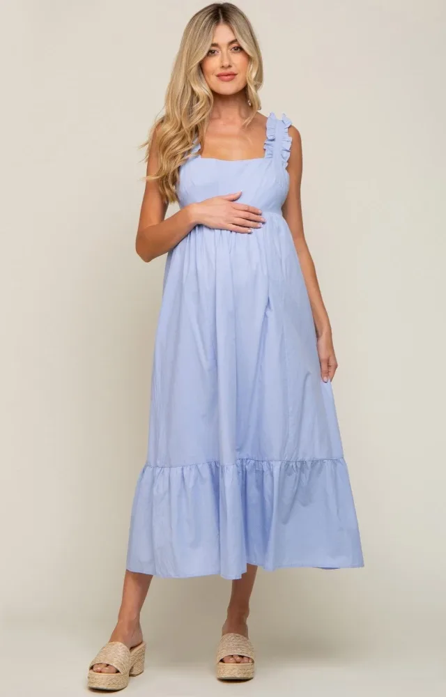 Light Blue Ruffle Accent Back Tie Maternity Dress