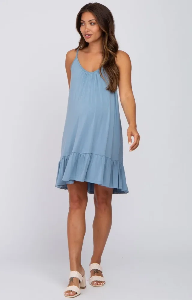 Light Blue Ruffle Hem Maternity Swing Dress