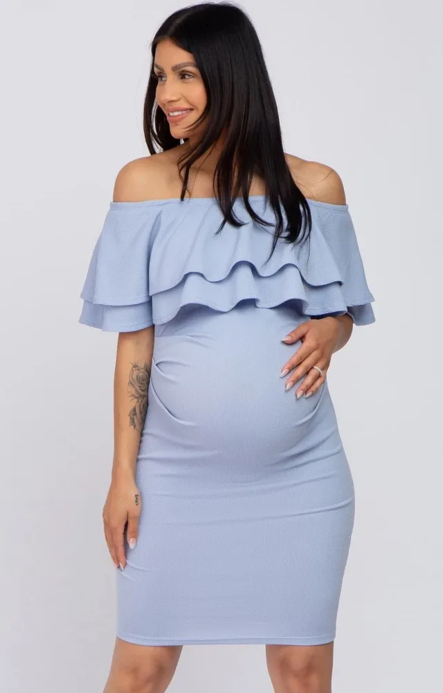 Light Blue Ruffle Off Shoulder Ruched Maternity Dress