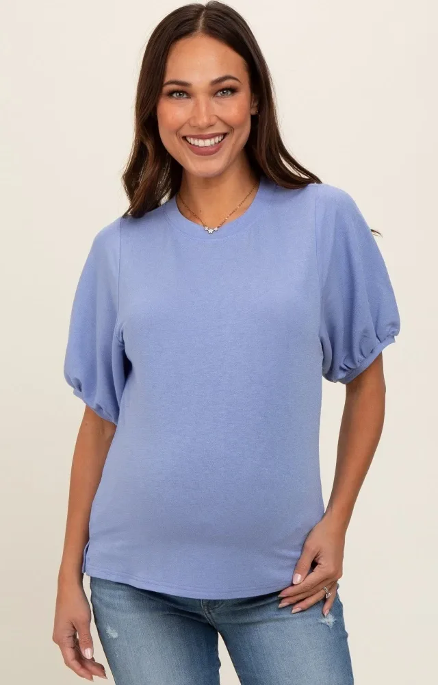 Light Blue Short Puff Sleeve Maternity Top