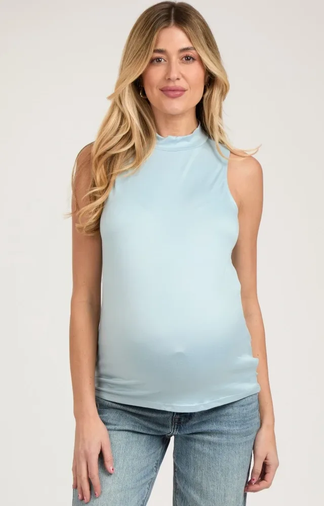 Light Blue Sleeveless Mock Neck Maternity Top