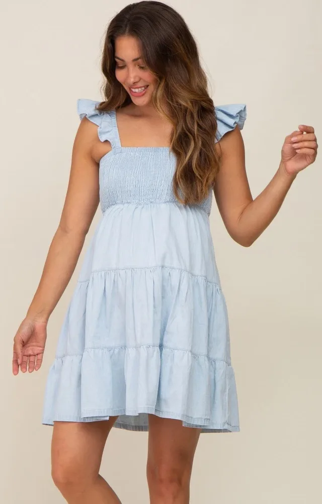 Light Blue Sleeveless Ruffle Tiered Maternity Dress