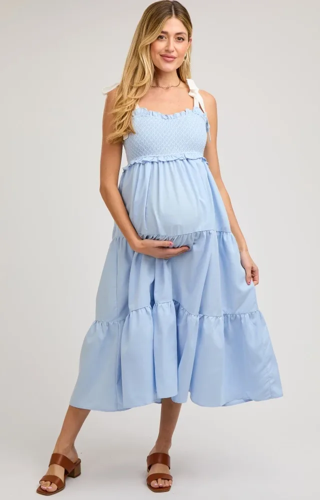 Light Blue Sleeveless Tiered Colorblock Strap Maternity Dress