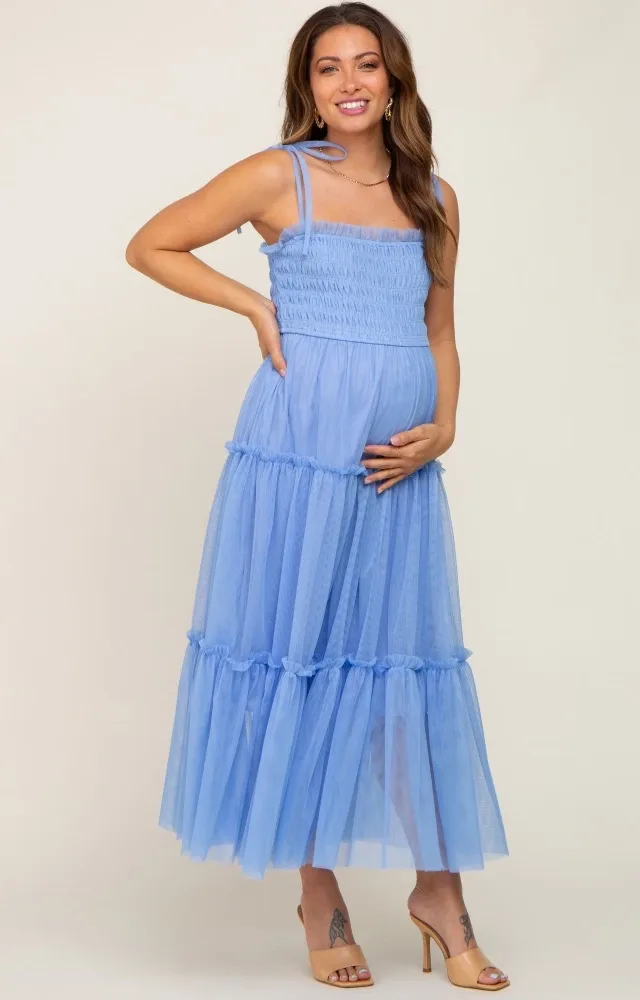 Light Blue Smocked Mesh Maternity Midi Dress