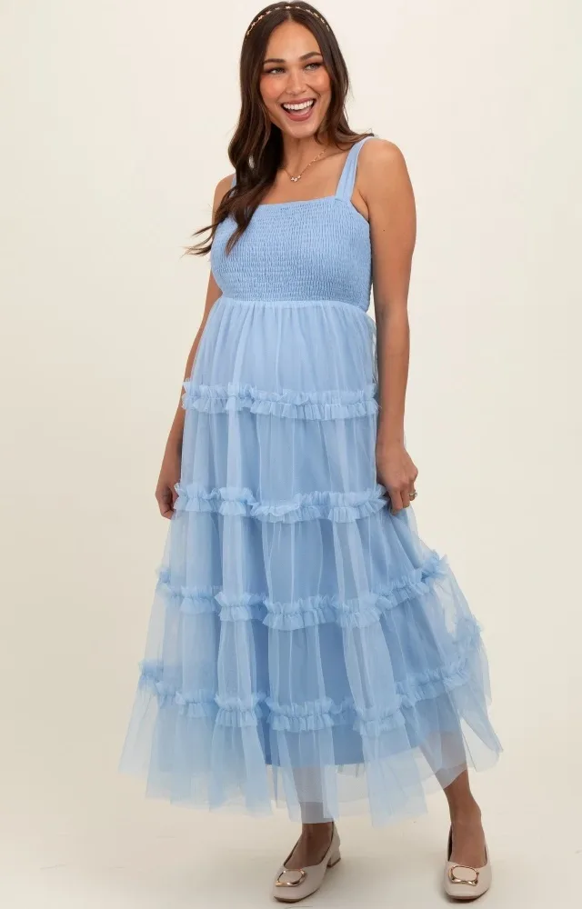 Light Blue Smocked Ruffle Tiered Tulle Maternity Midi Dress