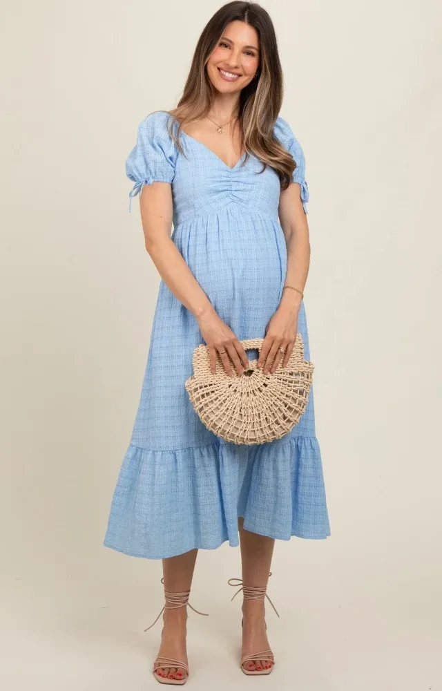 Light Blue Solid Sweet Heart Maternity Dress