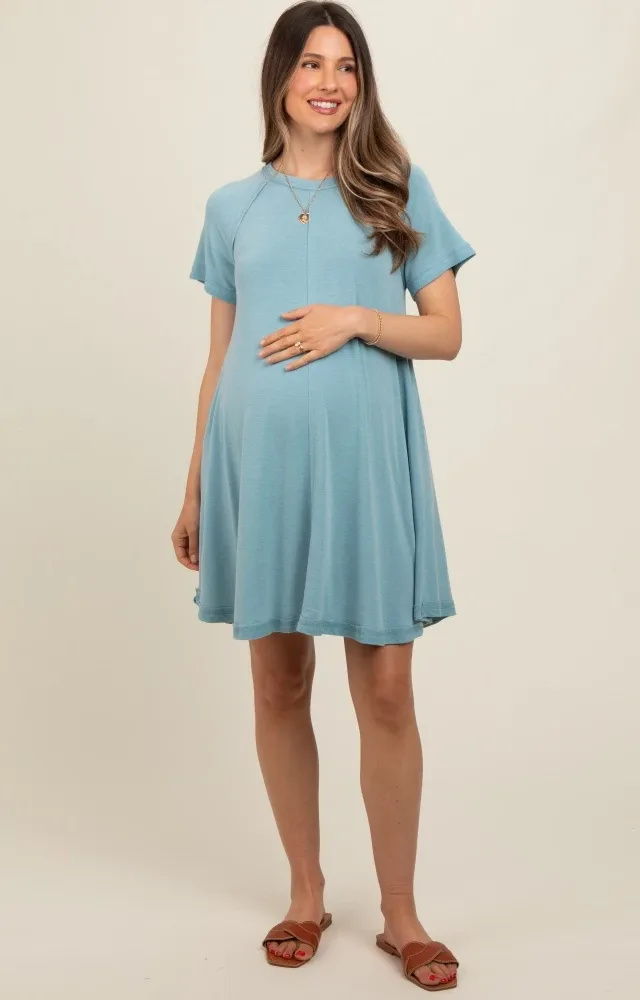 Light Blue Solid T-Shirt Maternity Mini Dress