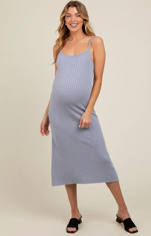 Light Blue Square Neck Ribbed Sleeveless Maternity Midi Dress