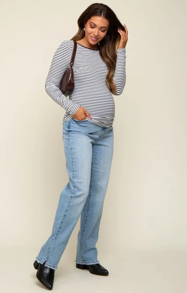 Light Blue Straight Leg Distressed Hem Maternity Jeans