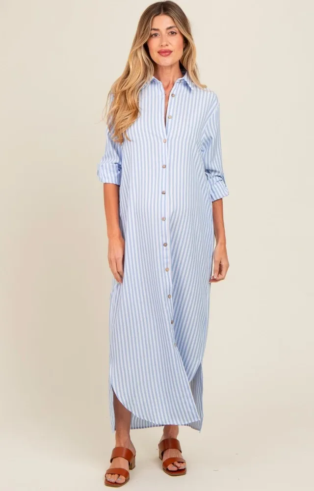 Light Blue Striped Button Down Maternity Maxi Dress