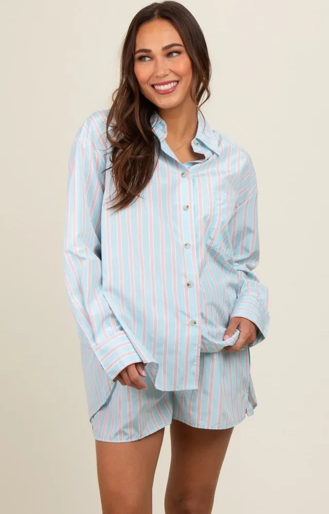 Light Blue Striped Button Down Top And Short Maternity Set