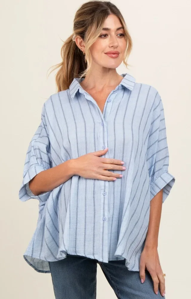 Light Blue Striped Collared Oversized Maternity Top