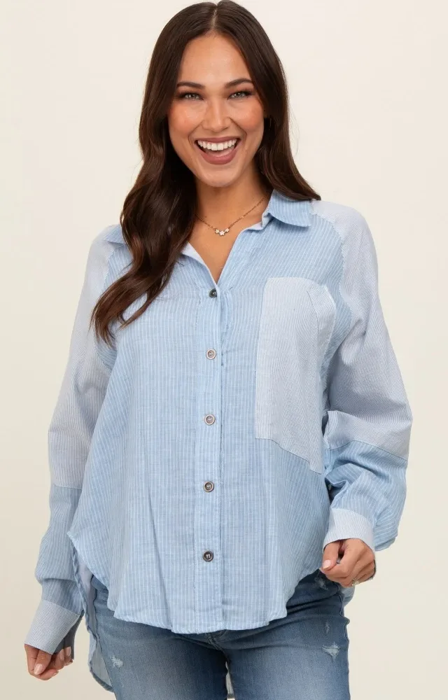 Light Blue Striped Colorblock Button Up Maternity Top