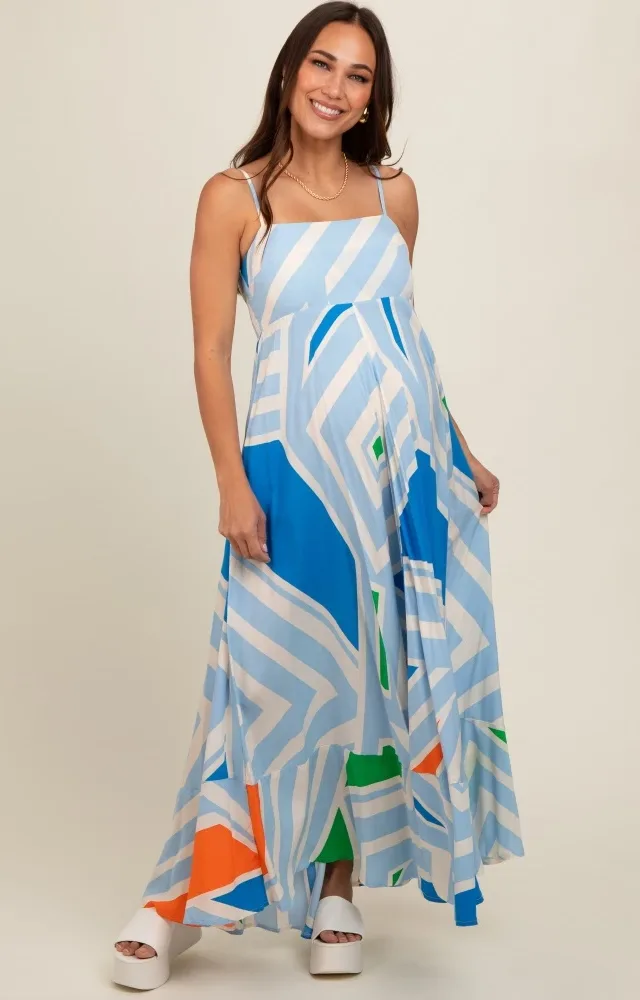 Light Blue Striped Colorblock Maternity Dress