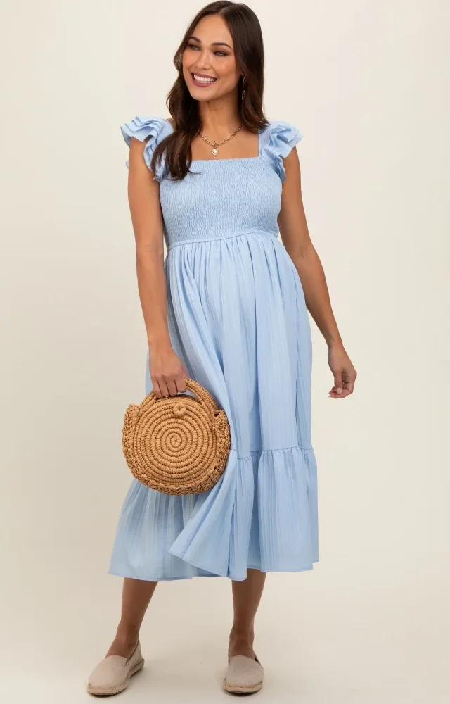 Light Blue Striped Flutter Sleeve Maternity Midi Dress