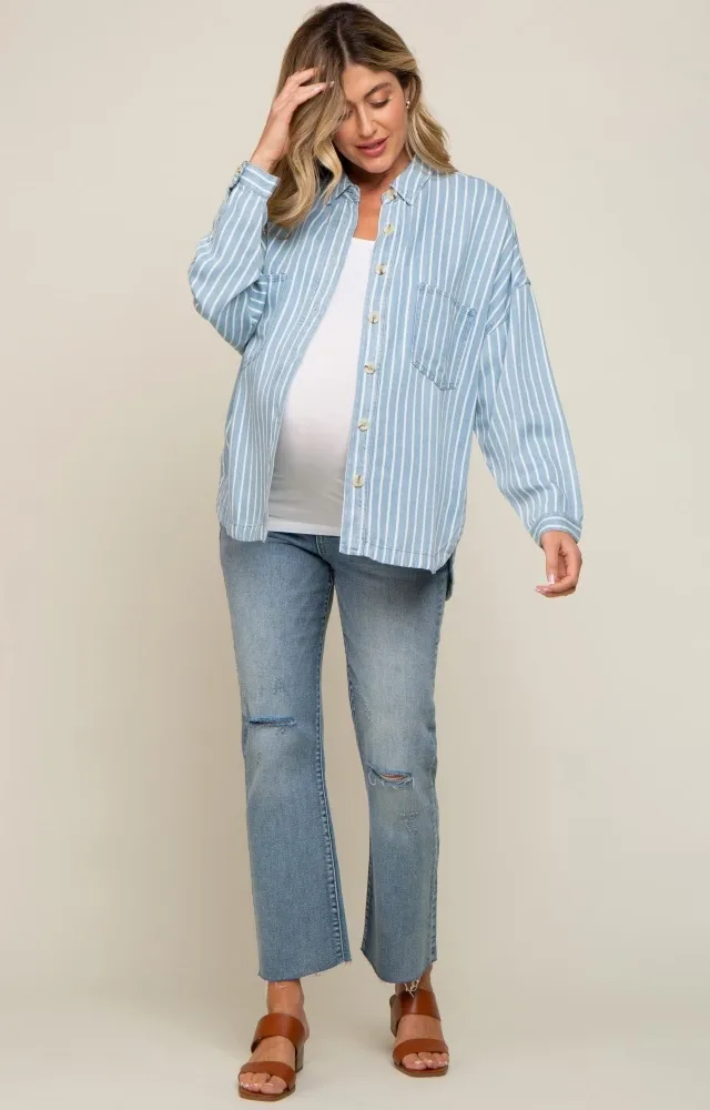 Light Blue Striped Front Pocket Button Up Maternity Top