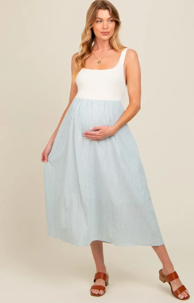 Light Blue Striped Knit Contrast Maternity Midi Dress