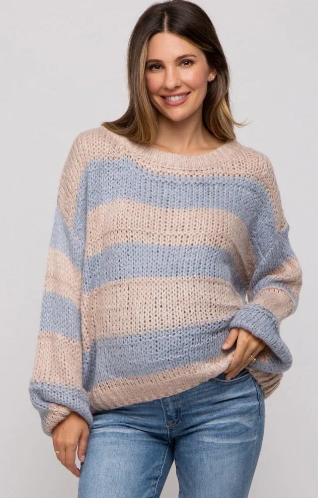 Light Blue Striped Knit Maternity Sweater