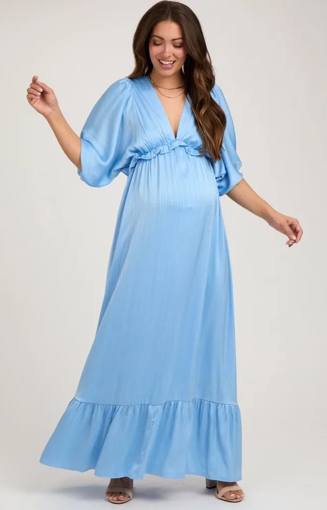 Light Blue Striped Ruffle Accent Maternity Maxi Dress