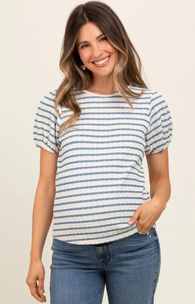 Light Blue Striped Textured Puff Sleeve Maternity Top