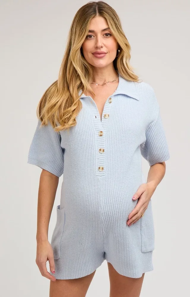 Light Blue Sweater Knit Front Button Maternity Romper