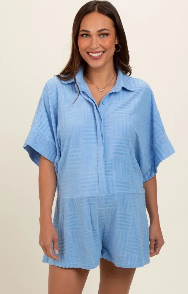 Light Blue Textured Button Front Short Sleeve Maternity Romper