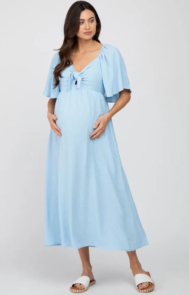 Light Blue Textured Dot Front Tie Ruffle Sleeve Maternity Midi Dress