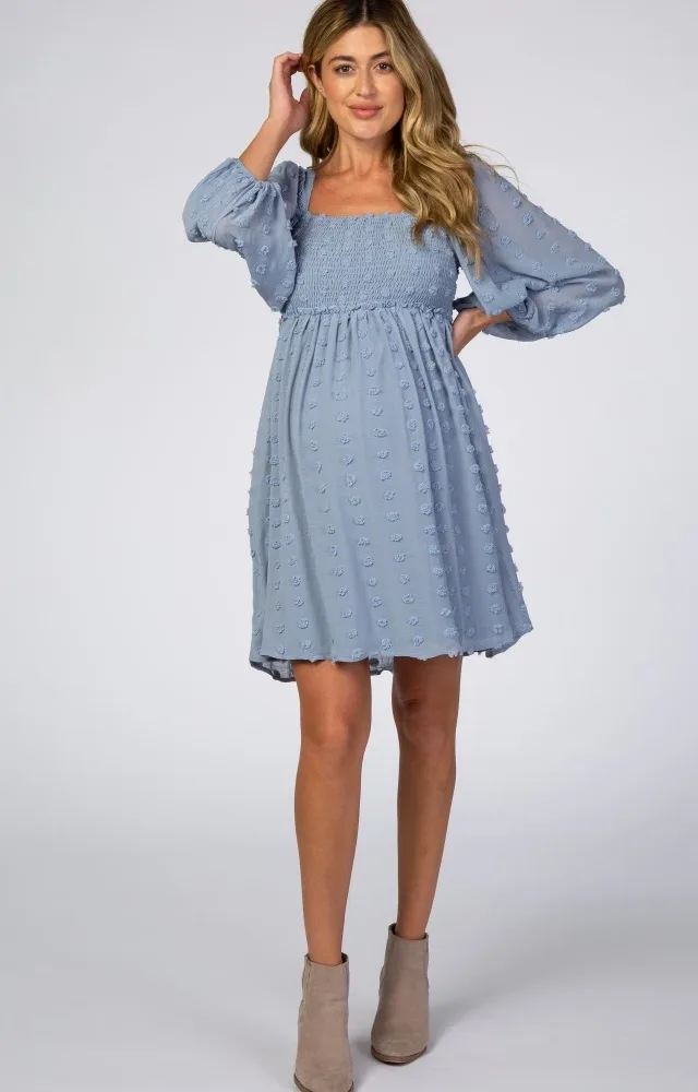 Light Blue Textured Dot Square Neck Maternity Dress