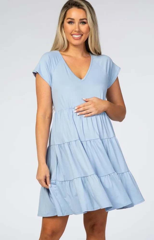 Light Blue Tiered Maternity Dress