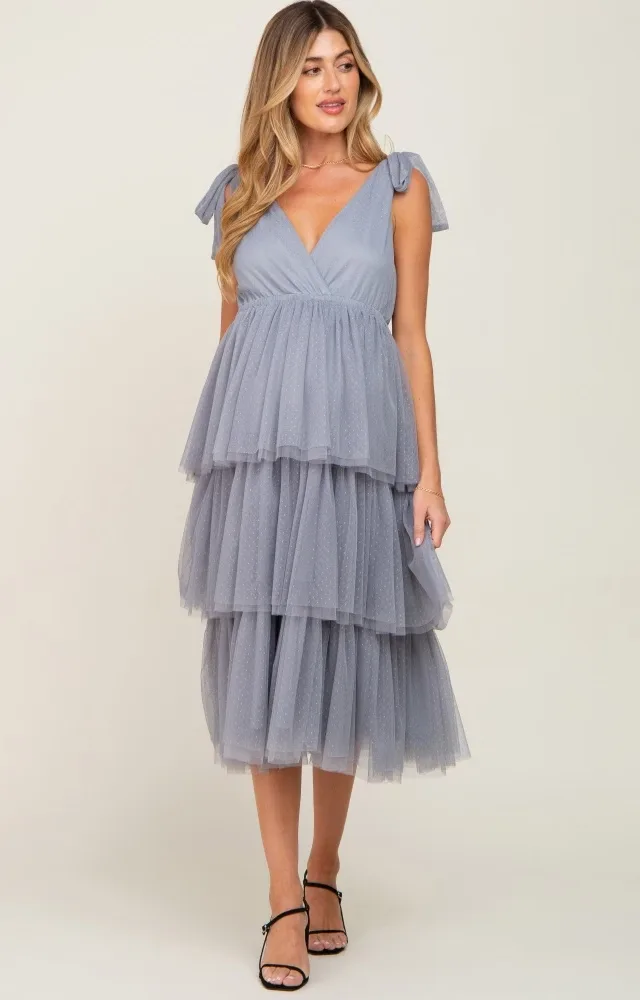 Light Blue Tiered Tie Strap Tulle Maternity Midi Dress